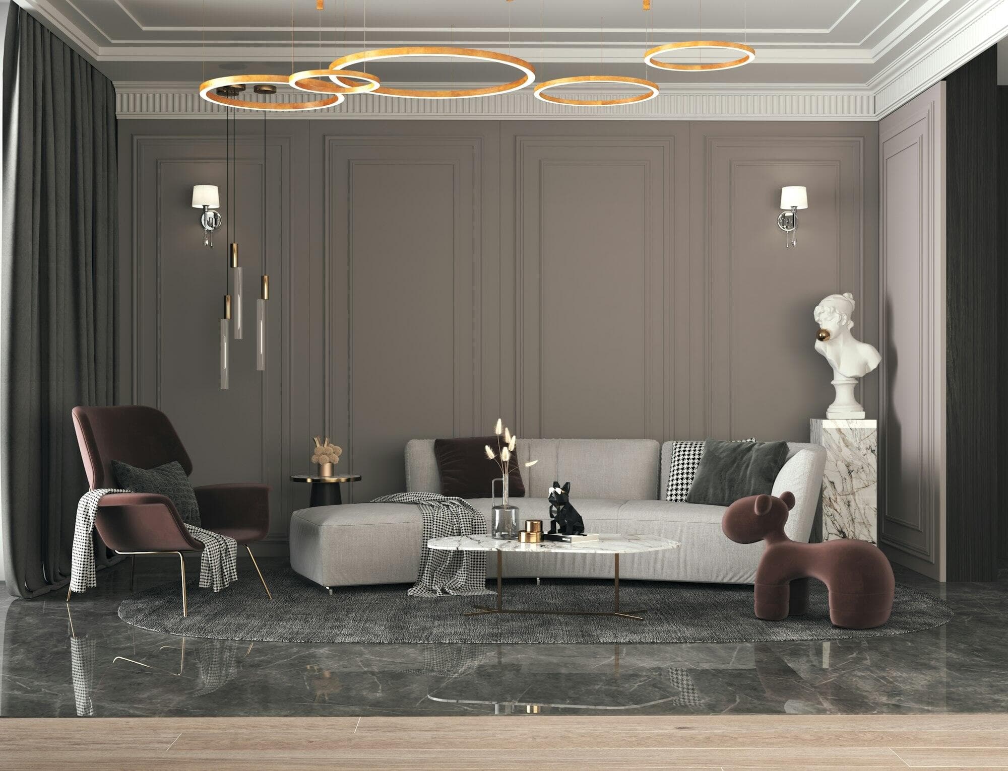 Salon d'une propriété gérée par Welcomia, lustre doré et ambiance feutrée